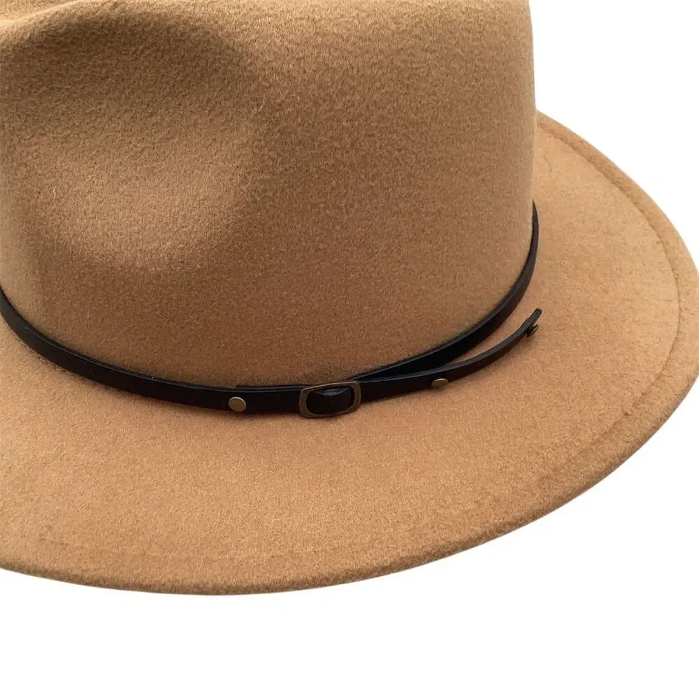 Unisex Brown‎ Wool Felt Fedora Hat with Leather Band